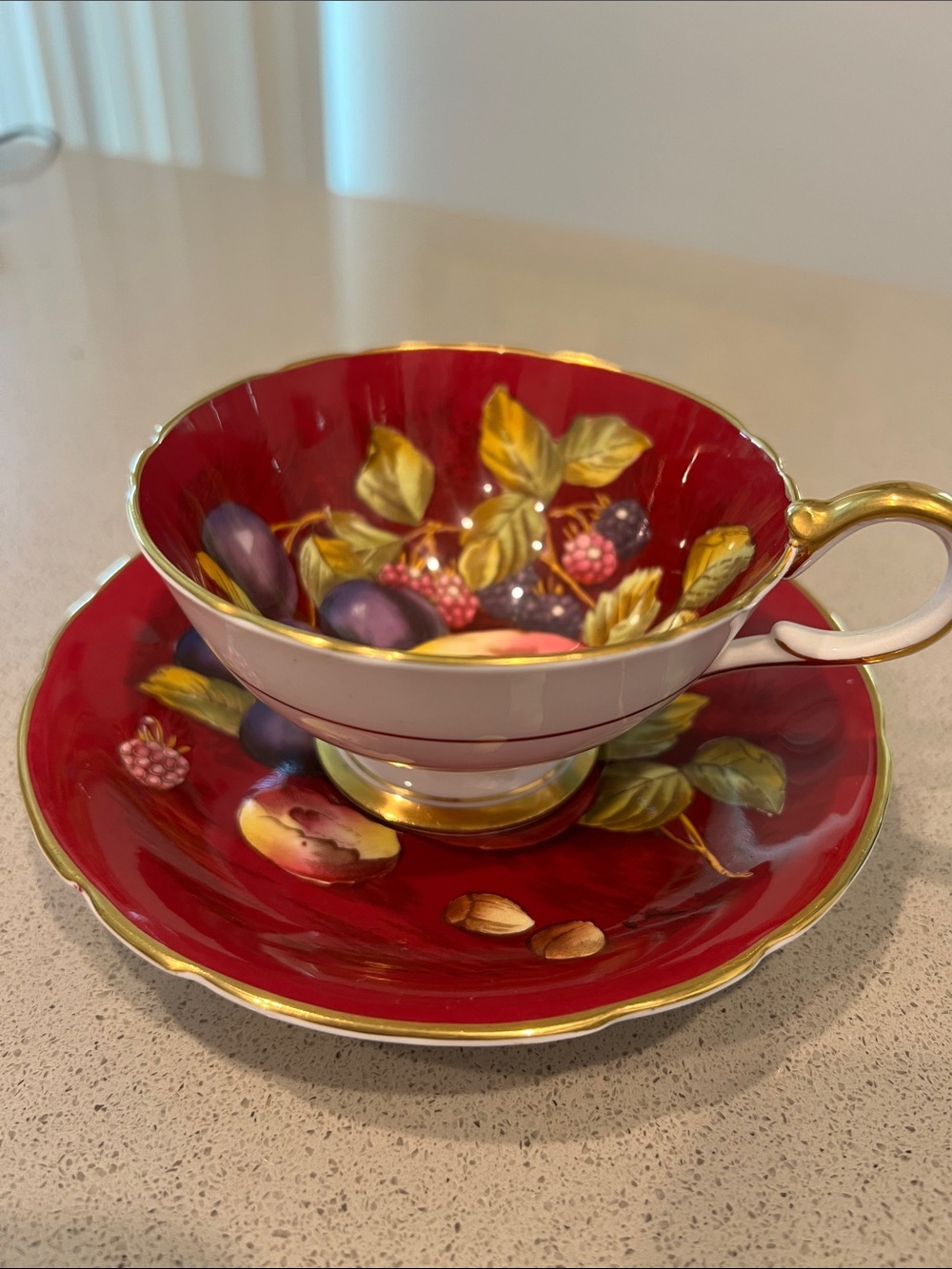 Vintage Aynsley Orchard Gold Crimson Red Teacup and Saucer Set with Gold Trim